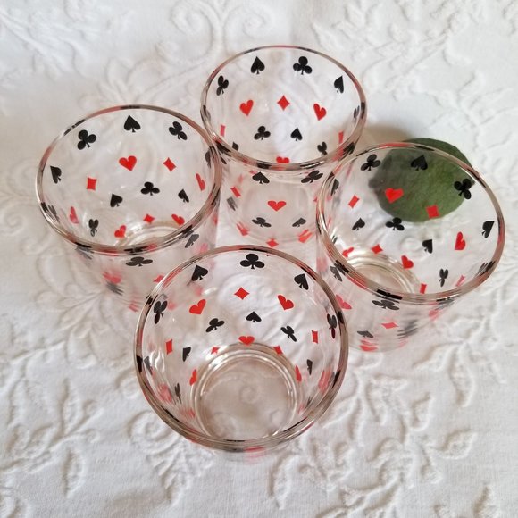 Vintage Set of 4 Glass Tumblers Playing Card Suits Cocktail Glasses - Picture 3 of 3